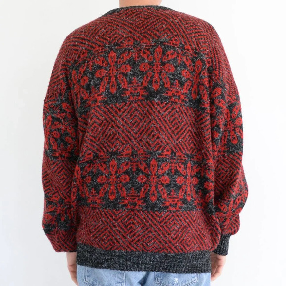 Vintage Men's Store 35% Wool Red Gray Eclectic Grandpa Knit Crewneck Sweater XLT - Picture 2 of 10